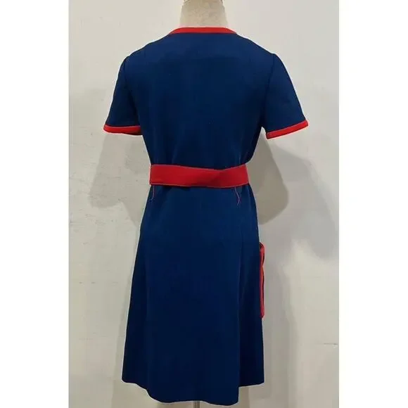 Vintage Retro Handmade 50s Cotton Navy Blue & Red One Piece Dress Size Small - Picture 4 of 8